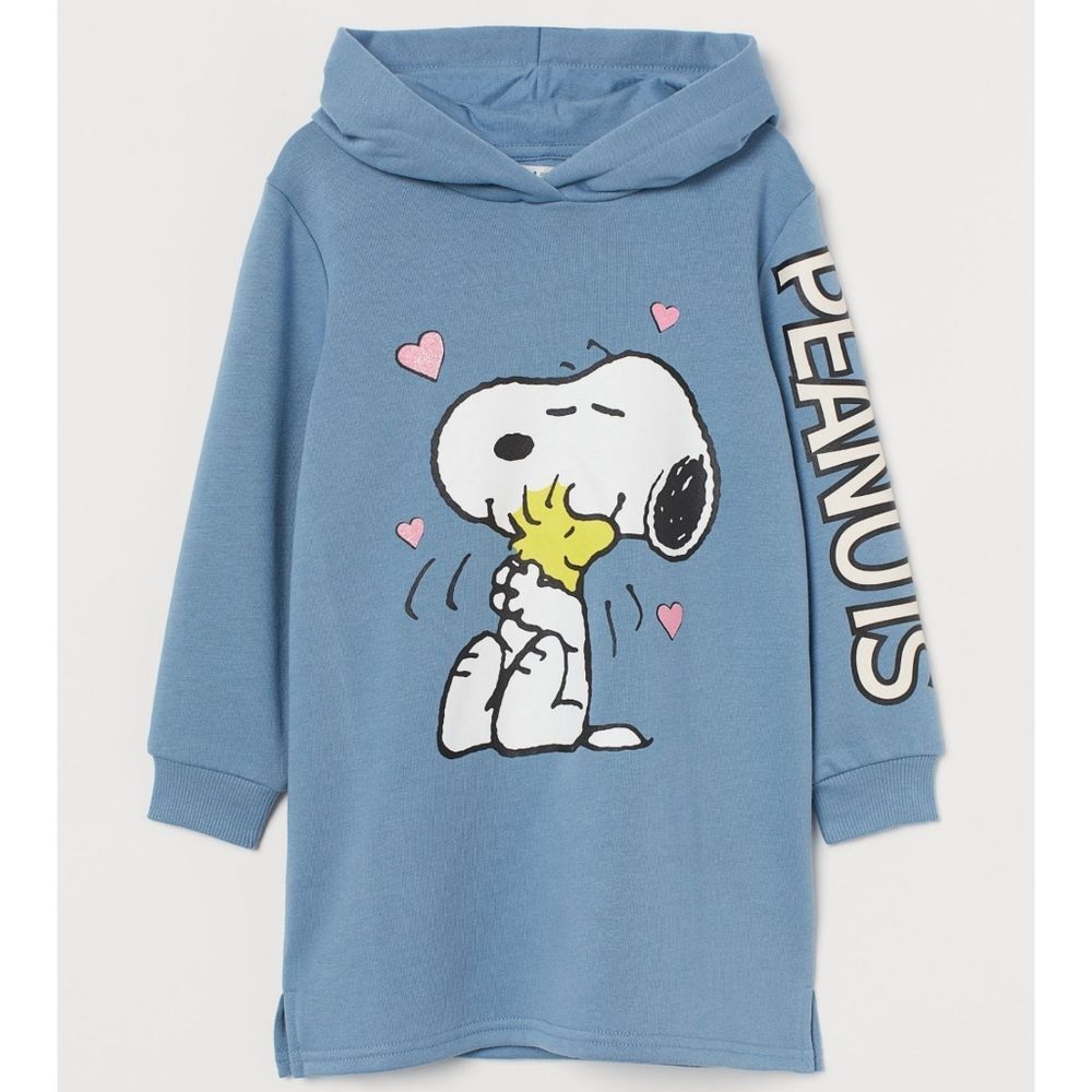 H&M Girls Peanuts Snoopy Woodstock Hearts Hugs Blue Hoodie Sweater Dress Size 5t